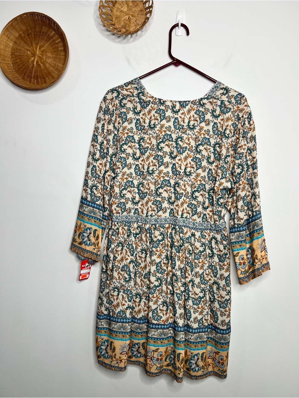 Boho Floral V-Neck Tunic Dress in Teal & Mustard Size Medium - Picture 3 of 7